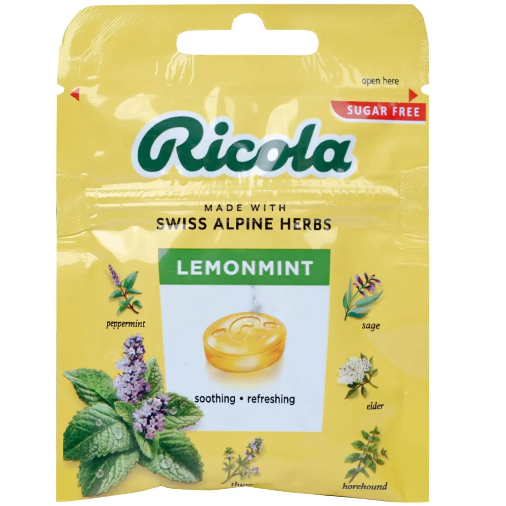 Hộp 6 gói Chanh bạc Hà Kẹo ngậm không đường Ricola Original Herb hỗ trợ làm dịu họng, giảm ho Gói 17,5g 3 Hộp 6 gói Chanh bạc Hà Kẹo ngậm không đường Ricola Original Herb hỗ trợ làm dịu họng, giảm ho Gói 17,5g - Ảnh 3
