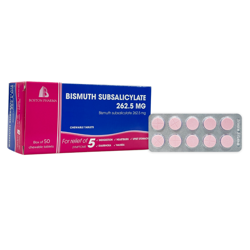 BISMUTH SUBSALICYLATE 262.5 MG Boston (5 vỉ x 10 viên) 1 BISMUTH SUBSALICYLATE 262.5 MG Boston (5 vỉ x 10 viên)