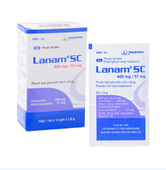 Bột pha hỗn dịch uống Lanam SC 400mg/57mg Imexpharm kháng sinh điều trị nhiễm khuẩn (hộp 12 gói) 1 Bột pha hỗn dịch uống Lanam SC 400mg/57mg Imexpharm kháng sinh điều trị nhiễm khuẩn (hộp 12 gói)