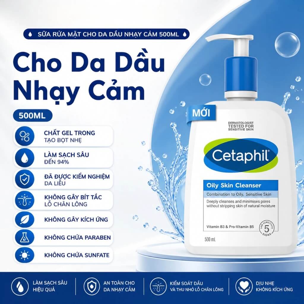 Sữa Rửa Mặt Cetaphil Oily Skin Cleanser 500ml Làm Sạch Da Dầu Dịu Nhẹ 3 Sữa Rửa Mặt Cetaphil Oily Skin Cleanser 500ml Làm Sạch Da Dầu Dịu Nhẹ - Ảnh 3