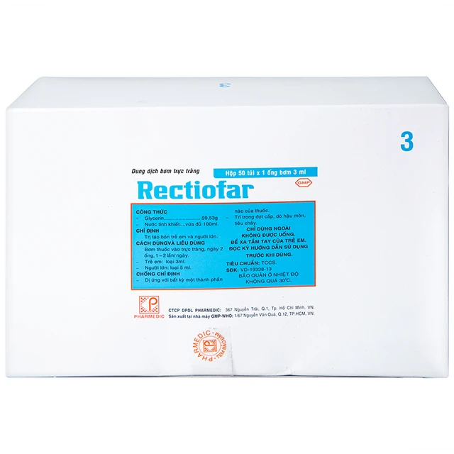 Dung dịch bơm trực tràng Rectiofar Trẻ em trị táo bón (50 ống x 3ml) 1 Dung dịch bơm trực tràng Rectiofar Trẻ em trị táo bón (50 ống x 3ml)