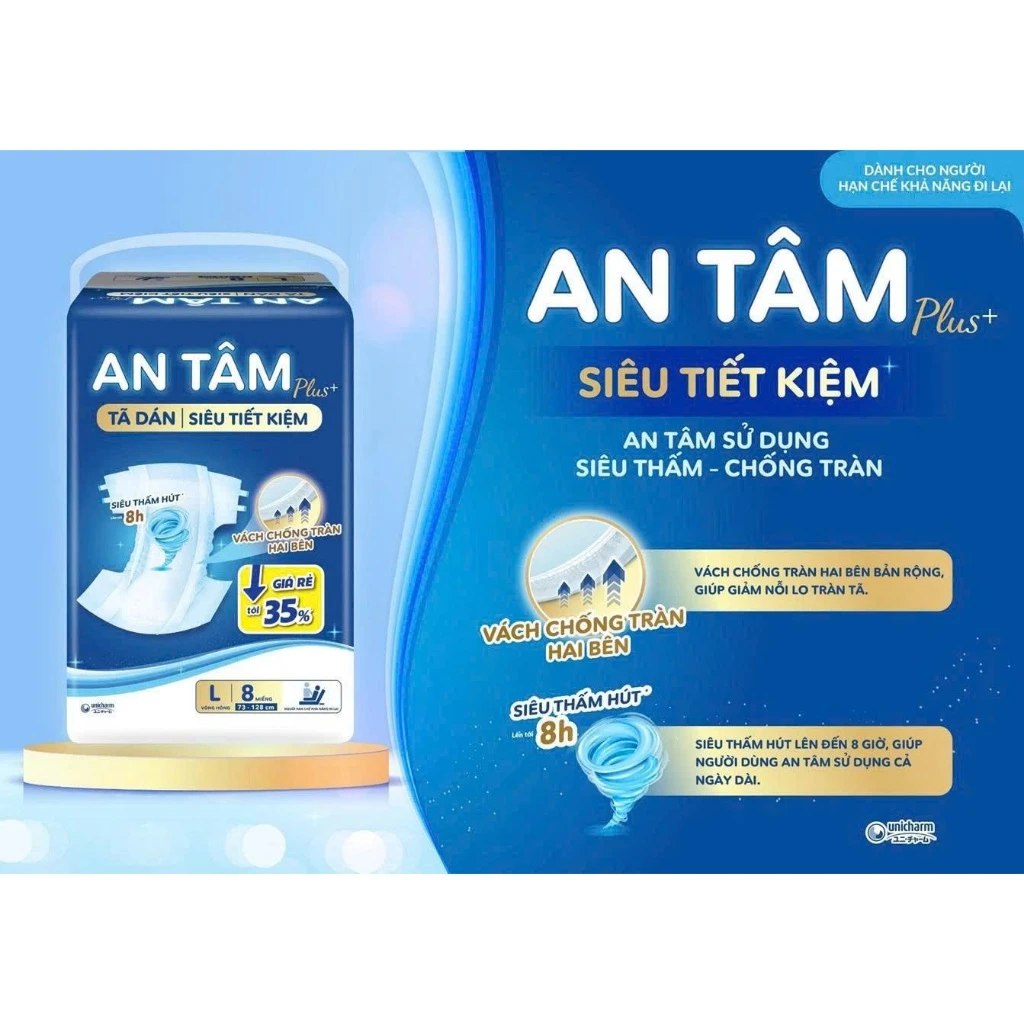 Tã Dán Người Lớn An Tâm Plus Unicharm + Siêu Tiết Kiệm đủ size XL8 3 Tã Dán Người Lớn An Tâm Plus Unicharm + Siêu Tiết Kiệm đủ size XL8 - Ảnh 3