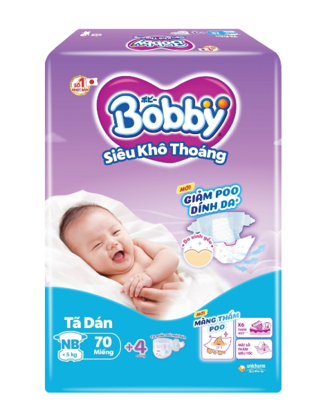Tã dán Bobby XS70 bao bì mới ( newborn) siêu thấm - khô thoáng (Sơ sinh, dưới 5kg, 70 miếng) 1 Tã dán Bobby XS70 bao bì mới ( newborn) siêu thấm - khô thoáng (Sơ sinh, dưới 5kg, 70 miếng)