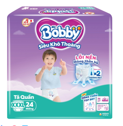 Tã quần Bobby Siêu Khô Thoáng - 100% Thoáng Khí 3XL24 1 Tã quần Bobby Siêu Khô Thoáng - 100% Thoáng Khí 3XL24