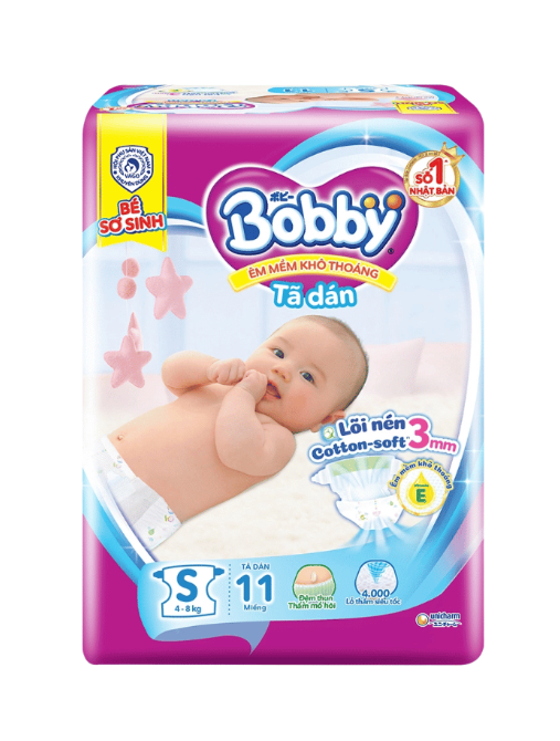 Tã size S11 miếng Tã dán sơ sinh Bobby (bé 4-8kg) Lõi nén Cotton 3mm Siêu Mềm 1 Tã size S11 miếng Tã dán sơ sinh Bobby (bé 4-8kg) Lõi nén Cotton 3mm Siêu Mềm