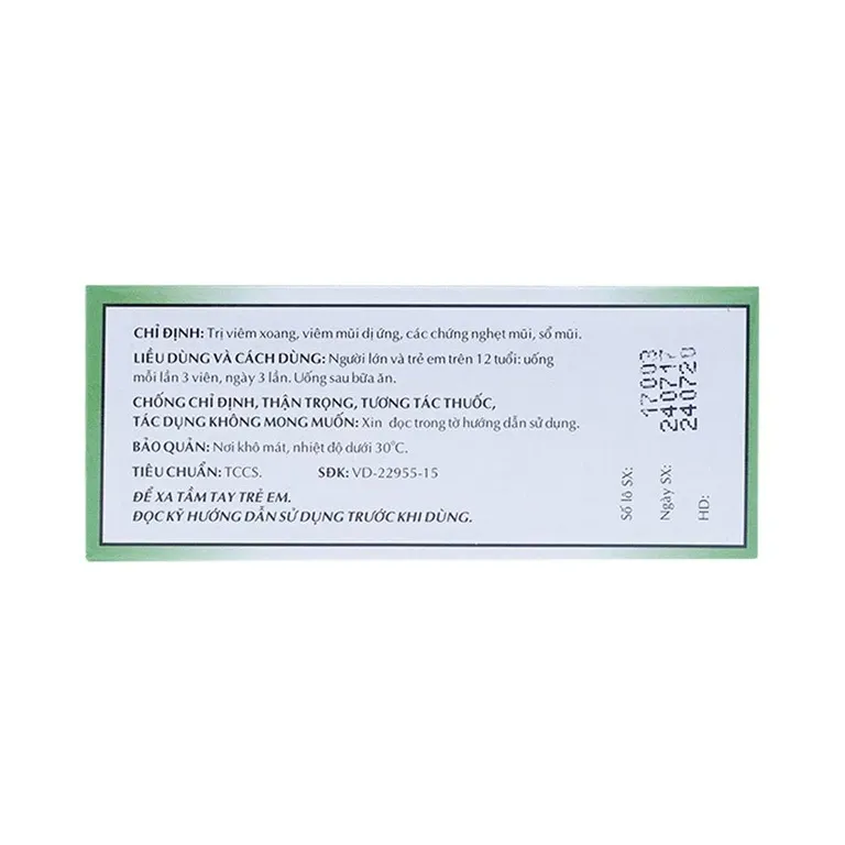 Thuốc Rhinassin-OPC điều trị viêm xoang, viêm mũi dị ứng (5 vỉ x 10 viên) 4 Thuốc Rhinassin-OPC điều trị viêm xoang, viêm mũi dị ứng (5 vỉ x 10 viên) - Ảnh 4