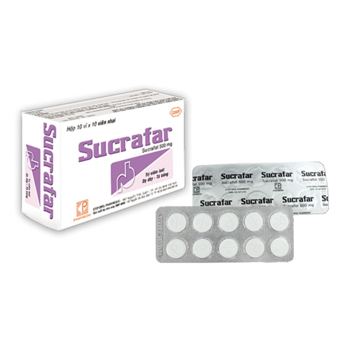 Thuốc tác dụng trên đường tiêu hoá Sucrafar hộp 10 vỉ x 10 viên 1 Thuốc tác dụng trên đường tiêu hoá Sucrafar hộp 10 vỉ x 10 viên