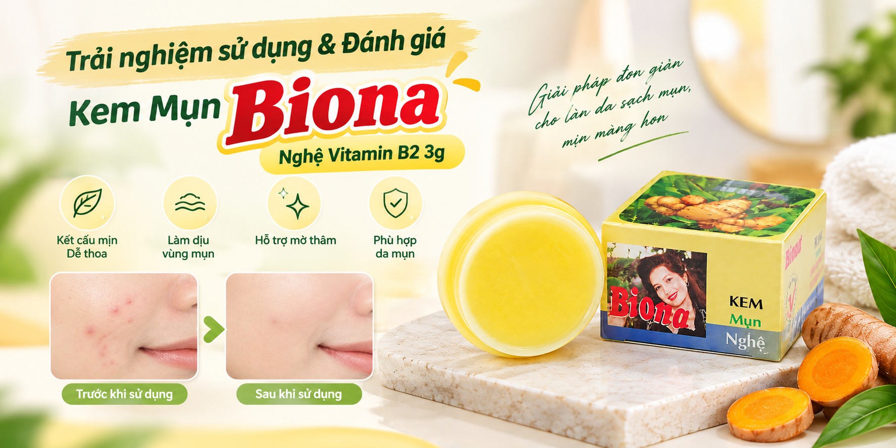 Kem Mụn Biona Nghệ Vitamin B2 3g: Chăm Sóc Da Mụn, Làm Mềm Da 4 Trải nghiệm sử dụng & Đánh giá Kem Mụn Biona Nghệ Vitamin B2 3g
